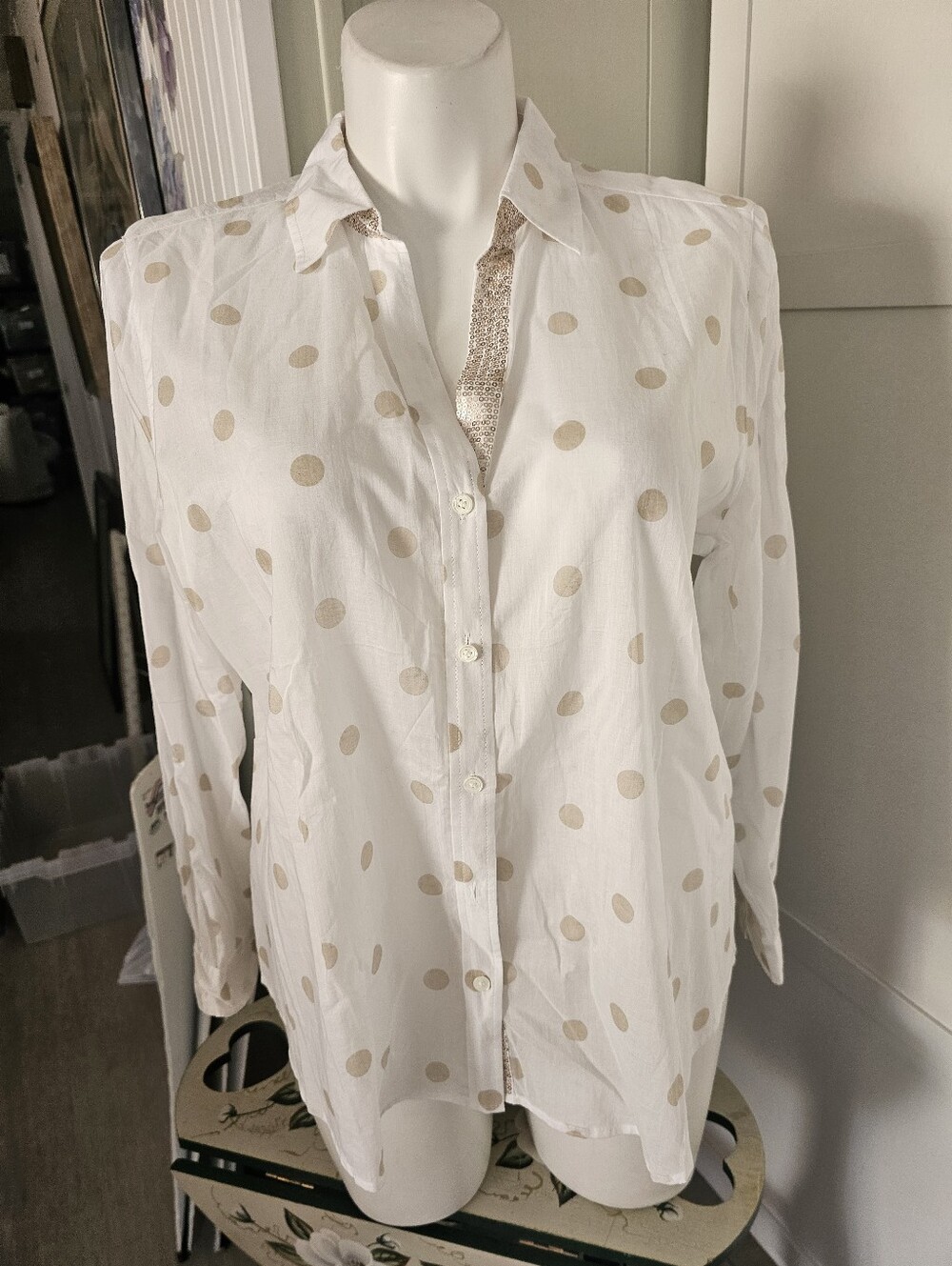 Chicos Size 3 (14-16)  Polka Dot Shirt Sequin Button Down Blouse Semi-Sheer